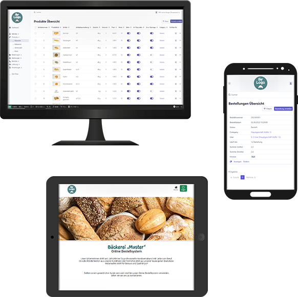 Darstellungen von Desktop PC, Tablet und Smartphone auf denen die Bäckerei Software von semmeln.shop benutzt wird
